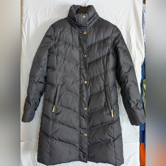 Michael Kors Small Black Long Down Puffer Parka Coat Jacket Full Zip Gold - Picture 1 of 6